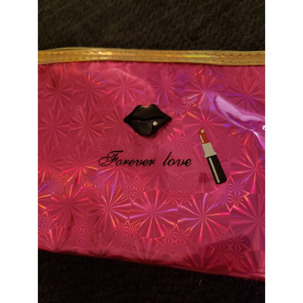"Forever in Love" Makeup Bag Set Hot Pink, Nyon Yellow Lining 8" CUTE, NEW